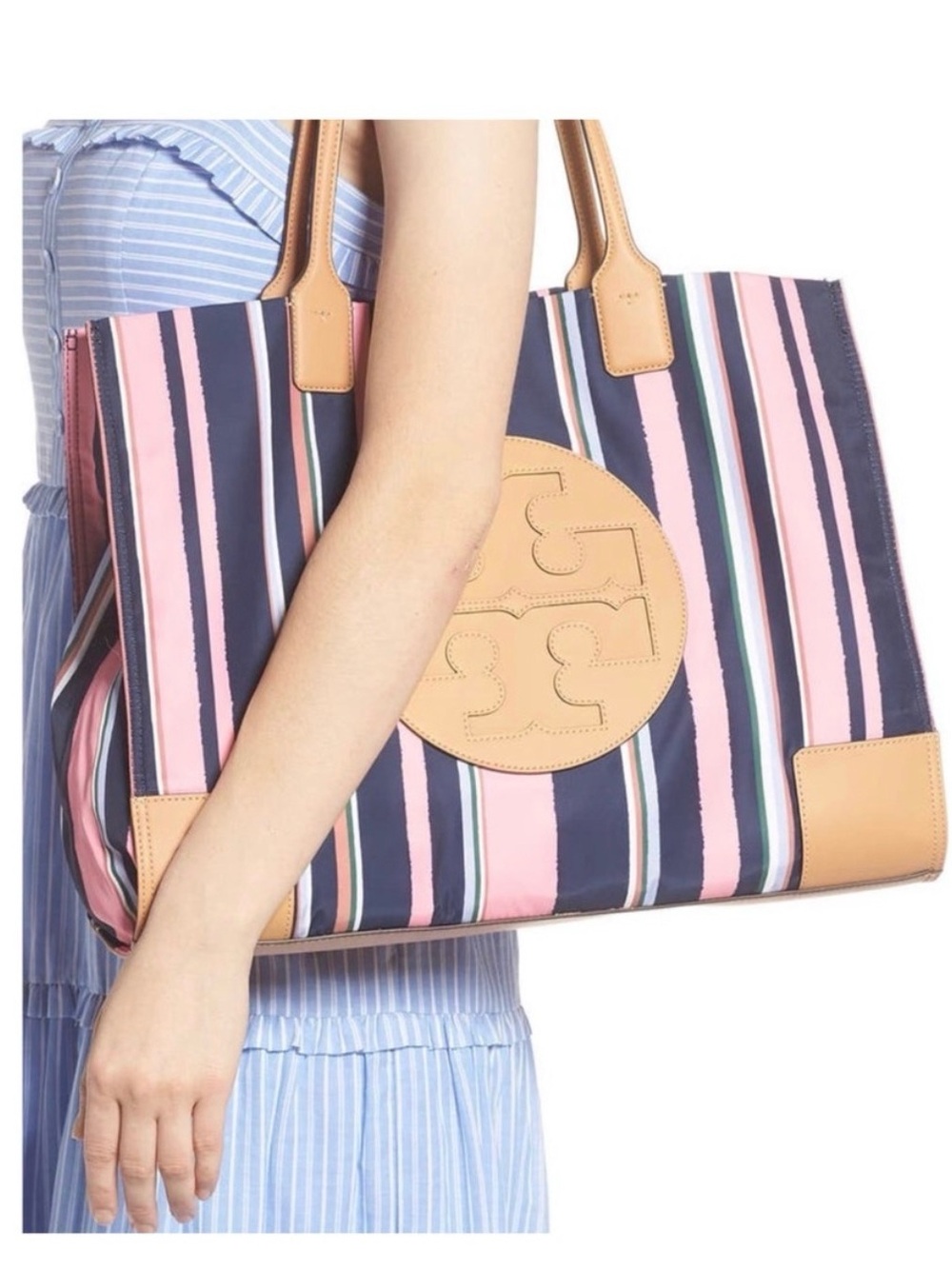 Tory Burch Ella tote featuring a vertical navy and pink canyon stripe. - Picture 7 of 8